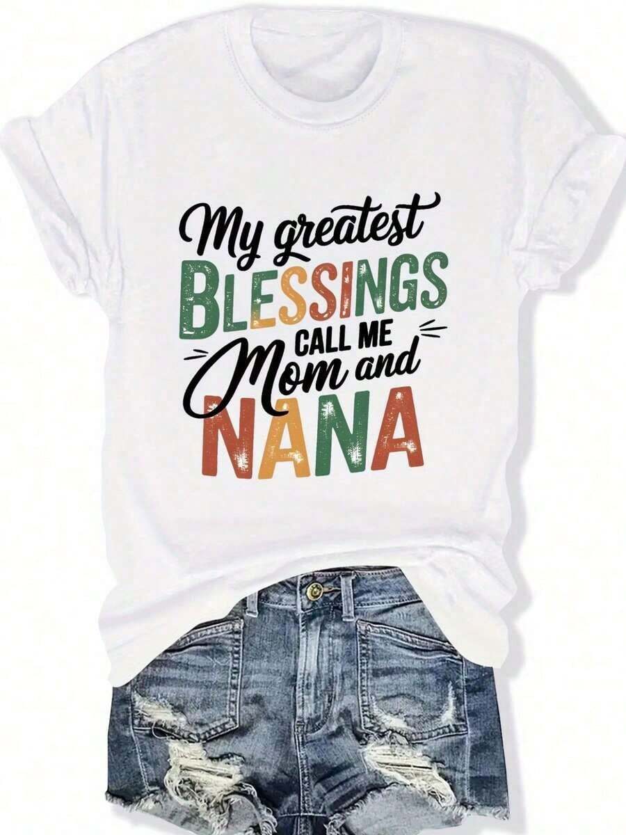 1 Piece Women's Plus Size Casual T-Shirt - Pink Geometric Print With The Phrase "My Greatest Blessing Is My Mom And My Grandma", Soft Round Neck, Machine Washable, Comfortable For All Seasons, Suitable As A Gift For Multiple Generations, Fun Text Design, Loose Fit, Short Sleeves, Pure Cotton, 180g 100% Cotton. - 白色 - 查看 1