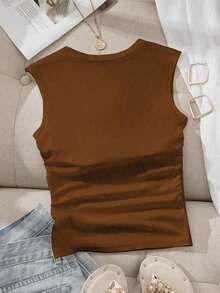 Camiseta sin tirantes con cuello cuadrado, cintura fruncida y sujetador acolchado sin aros - Marrón - Ver 2