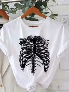 Women's T-Shirt, Skull Torso, Short Sleeve, Round Neck, 2025 Fashion, Breathable. Women's Urban Style Skeleton Print Loose Fit Round Neck Short Sleeve Spring Summer Casual T-Shirt - 白色背景上的黑色骷髏 - 查看 8