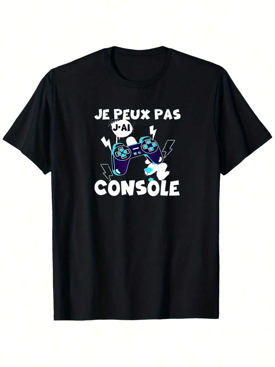 Men's Funny French Gaming T-Shirt - "Je Peux Pas J'ai Console" Graphic Design With Geometric Pattern, Lightweight Short Sleeve For Summer, Crew Neck, Casual Gamer Clothing, Gamer T-Shirt, Playful Design, Machine Washable - 黑色 - 查看 1