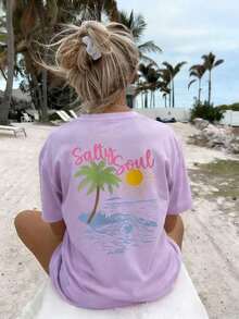 SALTY SOUL Women's Short Sleeve Crew Neck T-Shirt With Tree And Sun Print, Casual Style, Perfect For Beach Vacations, Spring/Summer, Fashionable And Your Everyday Essential For Your Holidays. Women's Holiday Graphic T-Shirt - 淡紫色 - 查看 4