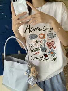 Women's Short-Sleeved T-Shirt With Hand-Drawn Y2K Style Plant And Animal Letter Print, New Summer Fashion, Loose And Versatile Y2K Top With Round Neck - 白色 - 查看 2