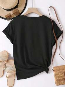 Women's Plus Size Oversized T-Shirt, Short Sleeve Round Neck With Print, Casual Blouse - Hitam - View 5