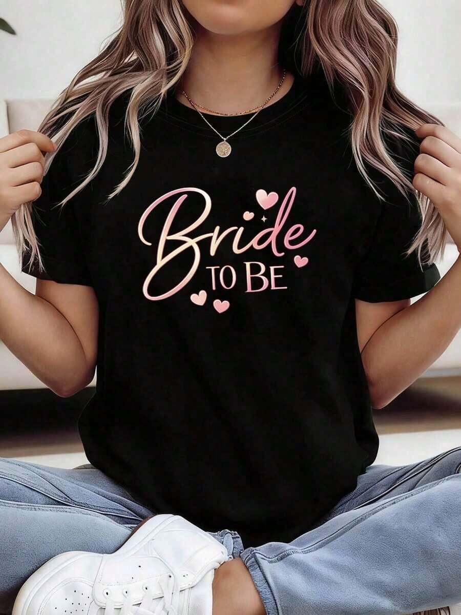Women's "Bride" T-Shirt - Short Sleeve Round Neck Blouse, Suitable Top For Bridal Showers, Bridesmaids And Casual Wear, Spring/Summer Casual Bridesmaid Gift, Machine Washable Letter Print T-Shirt - 預設 - 查看 1