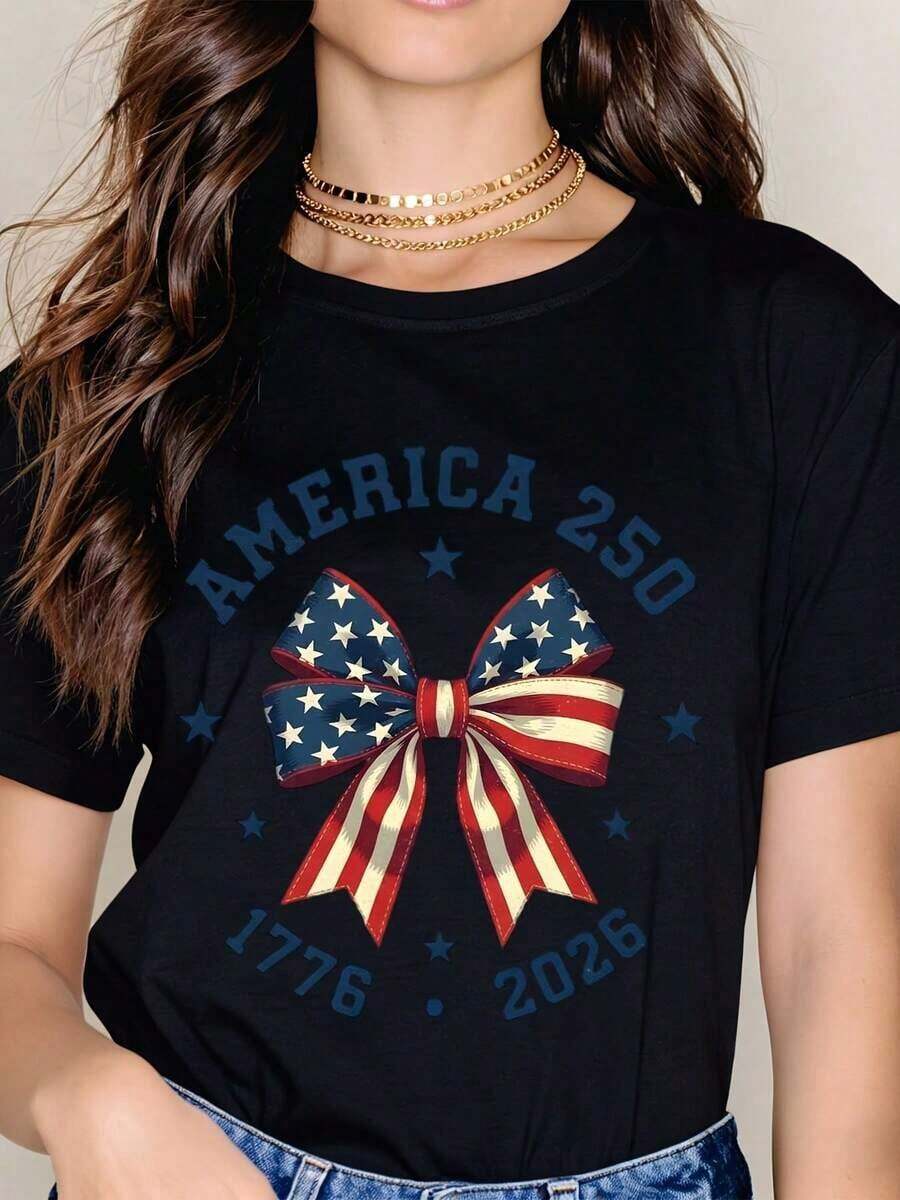 America 250 Stars And Stripes Short Sleeve T-Shirt, 1776-2026 Summer - 黑色 - View 1