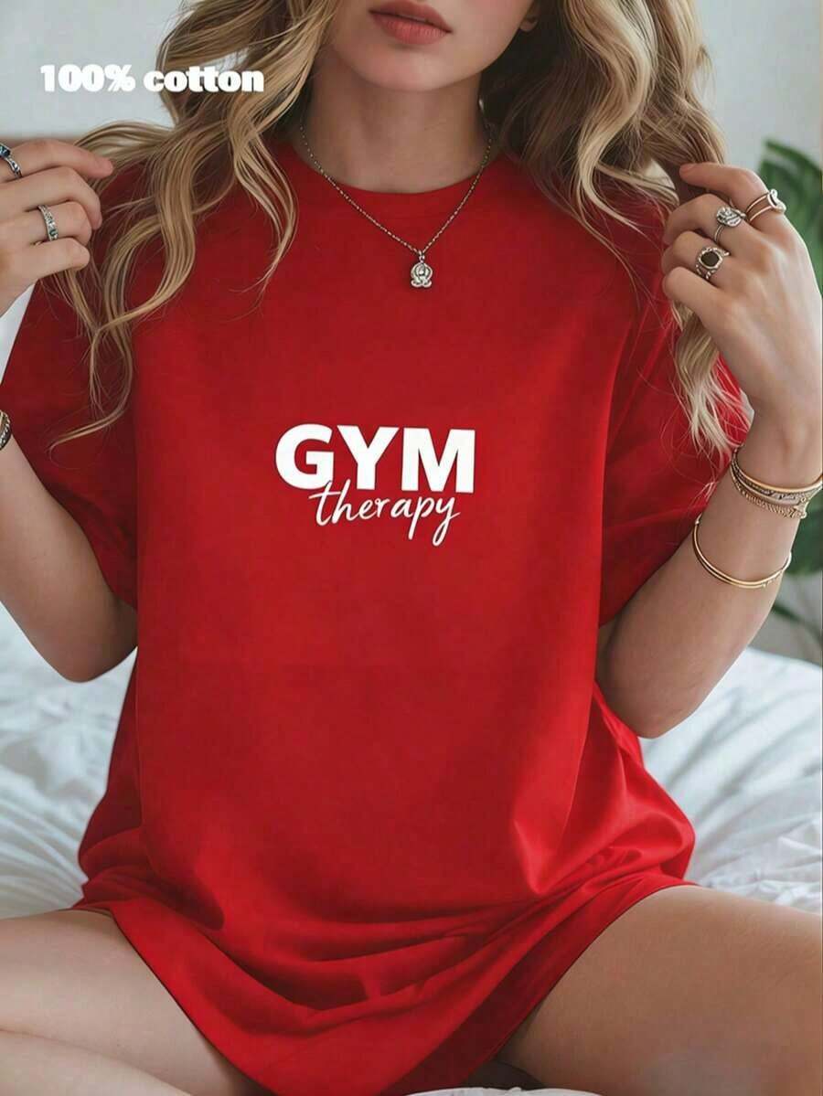 Camiseta Gráfica Casual de Manga Corta para Mujer, Ideal para Vacaciones de Verano y Gimnasio - Cuello Redondo Casual, 100% Algodón, Suave y Transpirable, Corte Relajado - Perfecta para Entrenamientos, Fitness, Amantes del Gimnasio y Uso Diario. Estilo Retro Pop de los 90 para Todos los Géneros. - Rojo - Ver 1