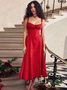Mujeres Temperamento Moda Senior Sentido Francés Tirantes Suave Viento Vestidos Largo Dividido, Mujeres Temperamento Elegante Sexy Tirantes Vestido Elástico, conjuntos elegantes de mujer falda,Suave y Cómodo Tejido Agradable a la Piel, Adecuado para Banquetes, Asistir a Eventos, Hospedaje, Playas, Viajar Sesiones de Fotos, Fotografía de Calle, Trabajo y Uso Casual Diario. - Rojo - Ver 2