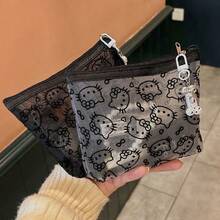Túi đựng đồ trang điểm Sanrio 1 cái/2 cái họa tiết Hello Kitty lưới đen kèm charm xương nhỏ, dùng đựng cáp sạc hoặc làm túi xách ngoài trời, túi mỹ phẩm du lịch nữ bằng polyester dung tích lớn, phong cách ngọt ngào thời trang, có khóa kéo chắc chắn, phù hợp đi du lịch và dùng hàng ngày, món đồ không thể thiếu cho mùa tựu trường - Nhiều màu - Xem 7