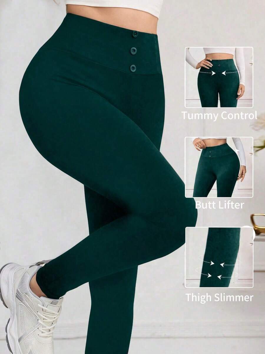 Leggings de cintura alta de unicolor cómodos y casuales para mujer - Verde Oscuro - Ver 1