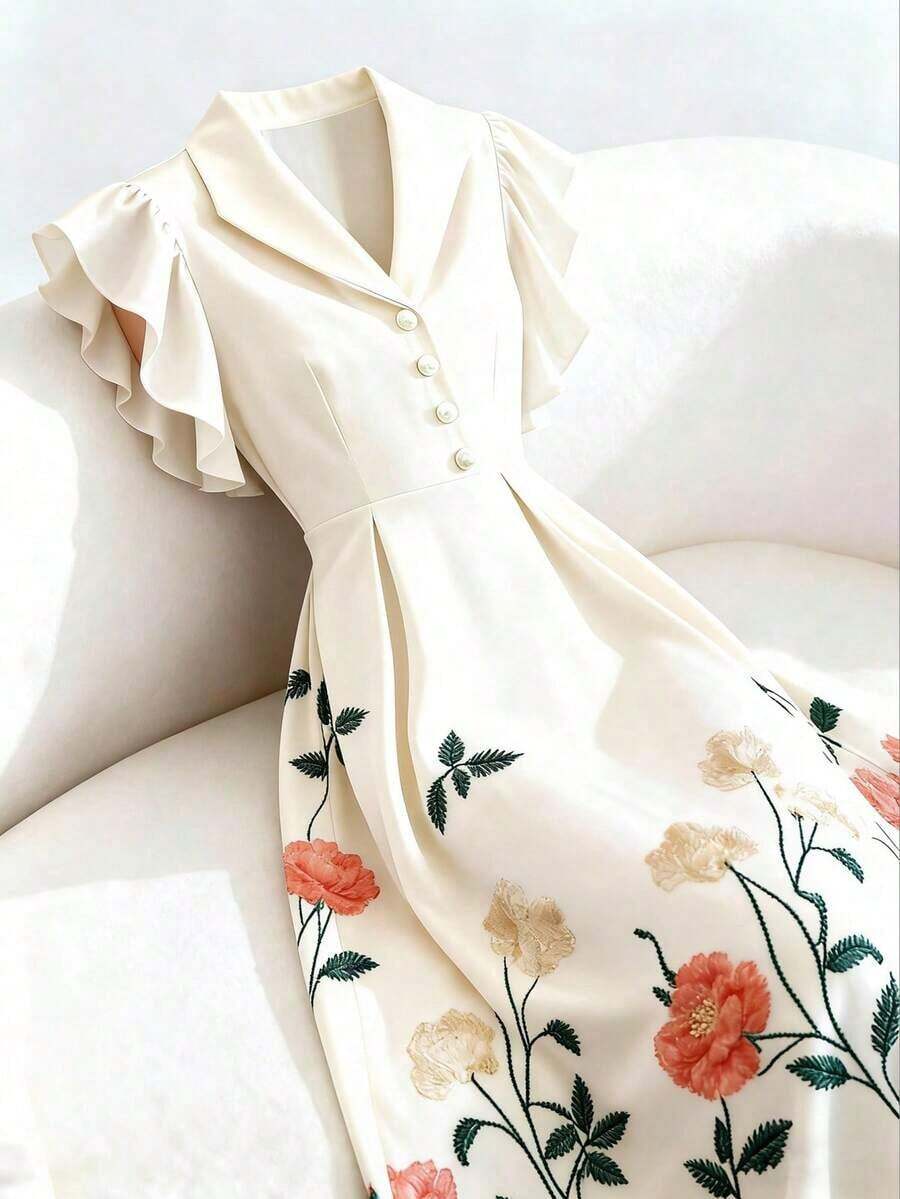 Vestido de manga acampanada de longitud media, de color albaricoque, con estampado floral, cuello de solapa, botones de perlas en la cintura, diseño de manga acampanada, encantador, elegante, dulce, para uso diario, vacaciones, viajes, citas, esti - Multicolor 3 - Ver 1