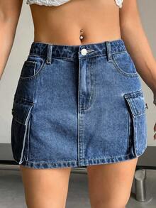 Falda vaquera de cargo de unicolor de verano para mujer - Azul lavado medio - Ver 8