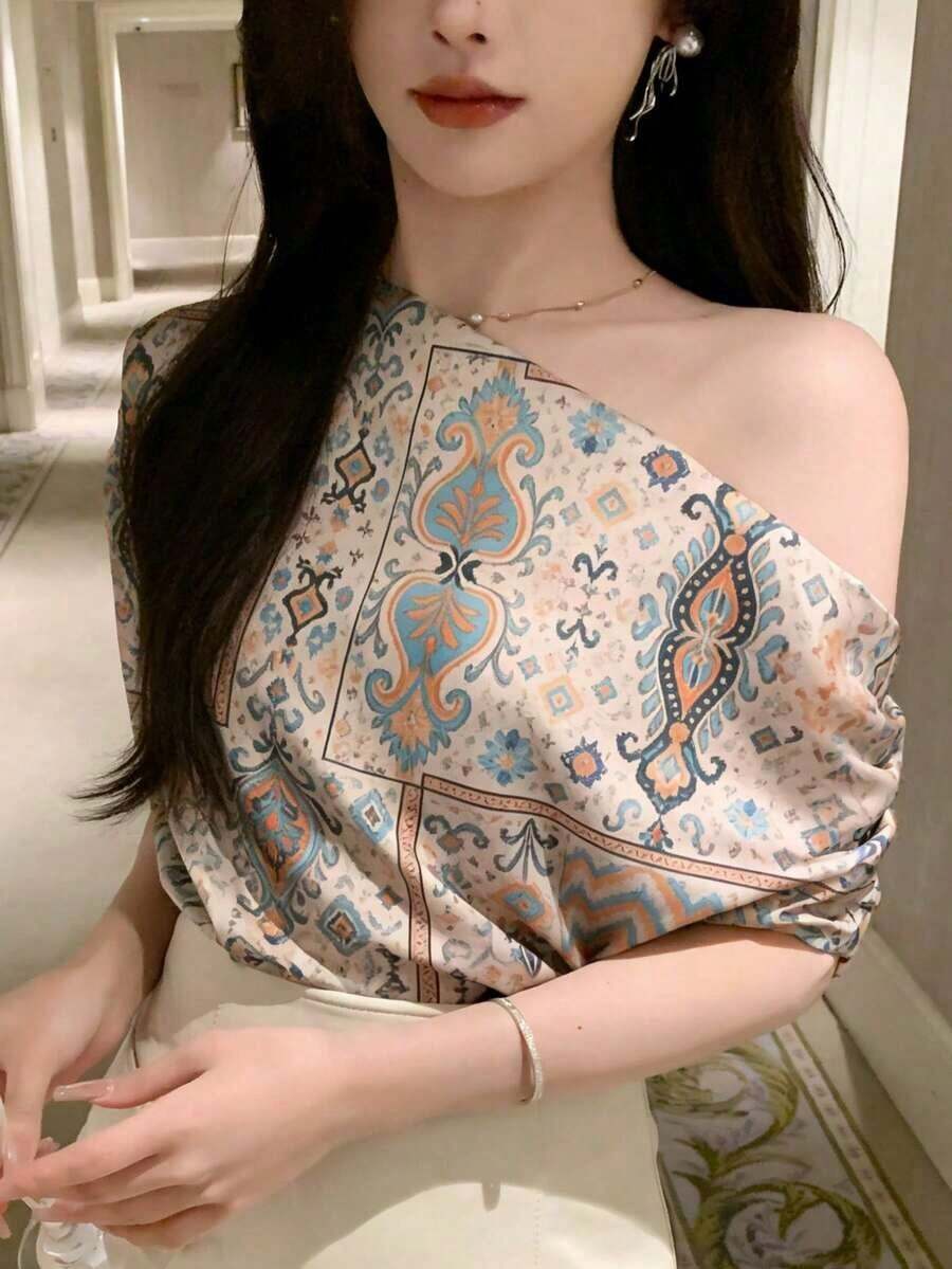 Blusa holgada con estampado floral en toda la prenda, para Año Nuevo, Vacaciones de verano, Salidas de mujeres, Pascua, Estilo bohemio - Marrón - Ver 1