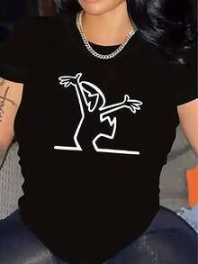 Camiseta Deportiva de Manga Corta con Cuello Redondo y Diseño Divertido para Mujer - Negro - Ver 1