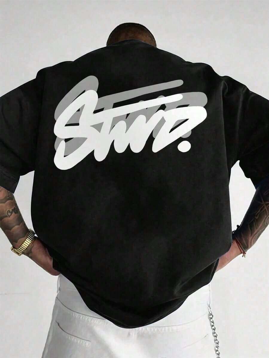 Short-Sleeved T-Shirt With Round Neck And Letter Print, Versatile And Fashionable For Men - Black - View 1