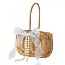 Wicker Flower Girl Baskets With Bows Rustic Pearl Willow Wedding Baskets For Party Banquet Ceremony Decoration - Brown - View 7