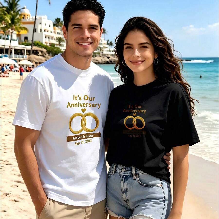 2-Piece Couple Matching Pattern T-Shirt, 100% Cotton, Loose Fit, Soft And Breathable, Casual Round Neck Short Sleeved Top It's Our Anniversary Two Golden Rings Names And Date Versatile Patterns No Picky Combinations Coordinated Dating Casual Travel Simple And Cartoonish Printing Styles High - 白色 - 查看 1