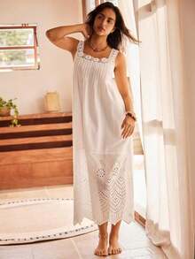 Camisón largo y holgado de estilo bohemio con bordado de ojales para mujeres - Blanco - Ver 5