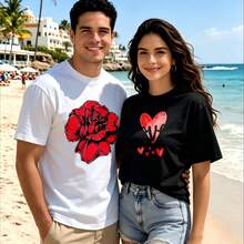 2-piece couple matching pattern T-shirt, 100% cotton, loose fit, soft and breathable, casual round neck short sleeved top Admit It Cow With Rose   I Love You Repeated Text Versatile patterns no picky combinations coordinated dating casual travel simple and cartoonish printing styles high - Blanco - Ver 1