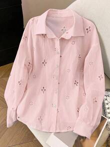 Camisa casual de mujer de manga larga con bordado calado y abotonadura sencilla - Rosa - Ver 3