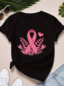 Camiseta deportiva de manga corta de talla para mujer con flores de cinta rosa - Negro - Ver 6