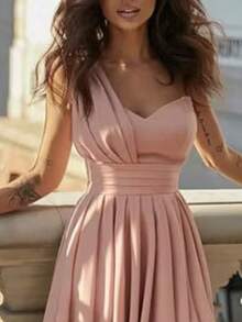 Spring 2026 Party Dress, Asymmetrical Shoulder, High Waist And Elegant Fitted Cut - Pink - View 2