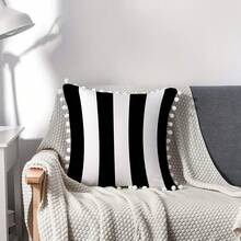 1pc Modern Black & White Striped Tassel Decor 100% Polyester Fiber Pillow Cover, Machine Washable, Zipper Design Easy To Clean, Suitable For Summer Outdoor Garden Cushion, Home And Patio Furniture, No Core Woven, Tent Accessory - Black and White - View 9
