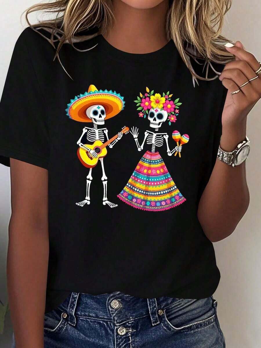 ComfortableCamiseta cómoda de algodón puro para mujer con diseño de calavera del Día de los Muertos y patrón de bolas de arenaLoose Versatile Short Sleeve T-shirt for Women - Negro - Ver 1