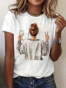 Camiseta Casual con Estampado Gráfico de Arte del Vino, Manga Corta, Cuello Redondo, Top Casual para Verano y Primavera, Ropa de Mujer, 100% Algodón, Duradera - Blanco - Ver 1