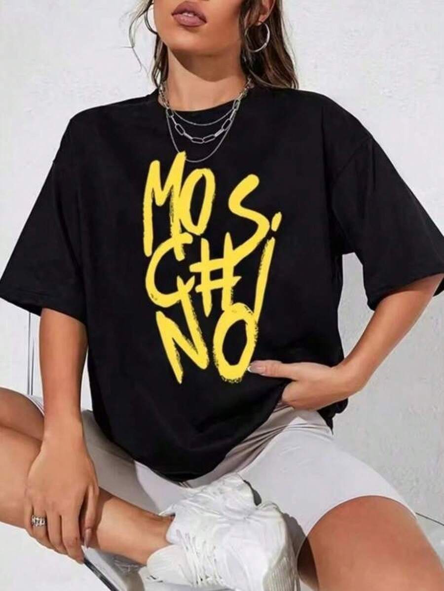 Unisex Short-Sleeved T-Shirt With Letter Print, Round Neck, And Dropped Shoulders, VUD1 Men's T-Shirts, , Women's, Romwe Men, Boho Chic, Gifts For Teachers, Women's T-Shirt, Curvy Outfits For Men, Y2K - 黑色 - 查看 1