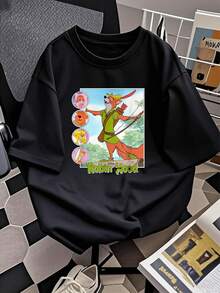 Gráfico que muestra un zorro valiente con arco y flechas simbolizando justicia libertad y amistad con personajes alegres y fondo de bosque verde camiseta de mujer  cómoda casual ideal para uso diario - Negro - Ver 2