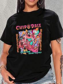Ilustración colorida de personajes animados colaborando con energía y alegría mientras salvan el mundo transmitiendo trabajo en equipo amistad y optimismo camiseta de mujer  cómoda casual diaria - Negro - Ver 6