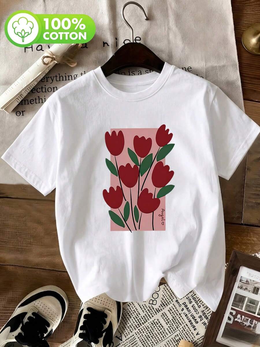 Camiseta de mujer 100% algodón puro, con diseño artístico de tulipanes rojos vintage, mangas cortas, suave y agradable al tacto, transpirable, perfecta para primavera y verano, adecuada para uso diario, citas y desplazamientos - Camiseta de manga corta con cuello redondo de algodón suelto estilo vintage unisex, blusas para mujer. blusas.blusas casuales para dama. - Blanco - Ver 1
