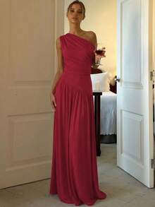 Vestido mujer verano sin mangas cuello oblicuo cintura ajustada estilo europeo elegante moda - Rojo - Ver 7