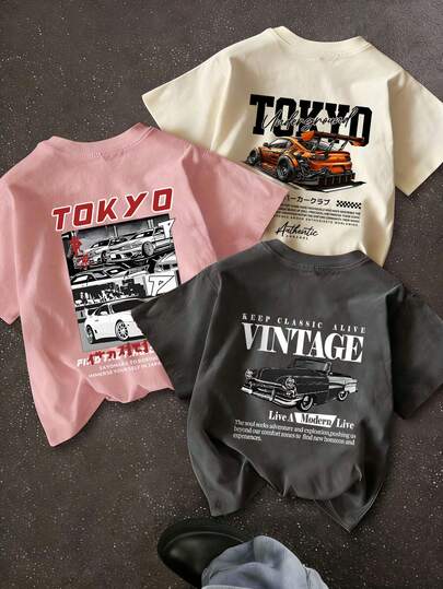 3 piezas Camiseta de manga corta de cuello redondo holgada, estilo casual de vacaciones con estampado de automóvil de Tokio, top de moda versátil adecuado para el uso diario de vacaciones.