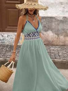 YHHBrillora Vestido largo de vacaciones con estampado geométrico jacquard sin espalda para mujerYHH - Verde - Ver 6