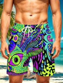 Plus Size Men's Drawstring Waist All-Over Print Casual Beach Shorts - Multicolor - View 2