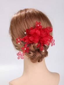 1pc Tulle Bridal Hair Accessory, Wedding Season Hair Clip Decoration,Hair Claws,Bobby Pin - 89921 Red - View 8