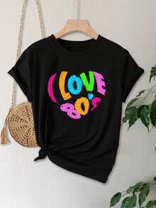 Plus Size Women's T-Shirt - Stretch Graphic T-Shirt With LOVE Lettering In Neon Pink And Yellow - Casual And Machine Washable Top, One Size, For All Seasons - 黑色 - 查看 2