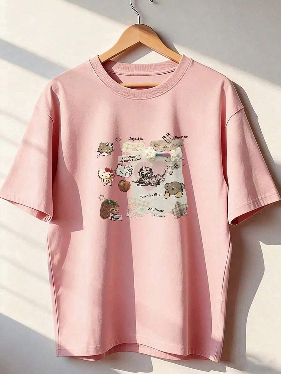 Cute Character Collage T-Shirt With Scrapbook Elements, Short-Sleeve T-Shirt For Spring/Summer 2026, Made In Mexico, 180 Grams. Cartoon Print, Couple Design, Suitable For Indoor Or Outdoor Wear. Crew Neck, Unisex, Ideal For Office And Leisure. One-Pack. - PK-P631577SLNDXZGY506 - 查看 1