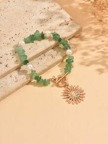 1 pieza Tobillera con colgante de sol estilo bohemio, joyería para el pie con tono dorado, decorada con piedras verdes y perlas falsas, adecuada para uso diario, vacaciones de verano, fiestas, festivales de música. El tamaño y la cantidad de piedras verdes son aleatorios. - Multicolor - Ver 3