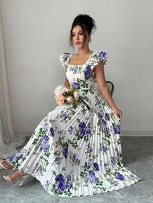 xheSelianne Vestido largo con estampado floral elegante y vuelo plisado en el bajo para mujer, para veranoxhe - Morado - Ver 7