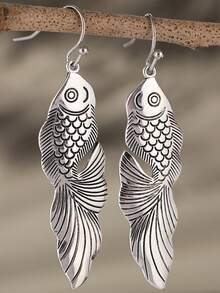 Handmade Retro Bohemian Style Lucky Fish Pendant Earrings, Suitable For Women's Matching And As Holiday Gifts. Unique In Style. - Silver - View 6