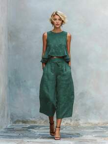 Women's Linen-Blend Two-Piece Outfit, Sleeveless Peplum Crop Top & High Waist Cropped Wide Leg Pants - 橘紅色 - 查看 9