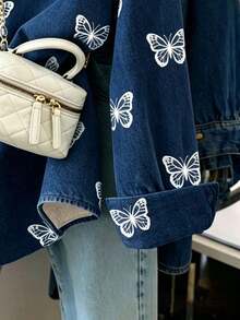 Camisa de mujer con efecto de mezclilla y estampado de mariposa retro - Multicolor - Ver 3