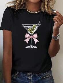 Camiseta de cuello redondo con estampado de cristal y lazo, estilo casual de manga corta para primavera y verano, ropa de mujer Blusas Para Mujer Casual. - Negro - Ver 7