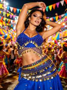 Carnival Festival Coin-Embellished Halter Crop Top With Multi-Layer Coin Hip Wrap For Parade, Rave & Themed Party (Available In Multiple Colors) - Multicolor - View 21