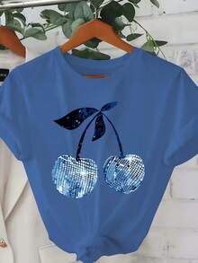 Women's Summer T-Shirt - Sparkling Cherry Design In Emerald Green, Loose Round Neck, Casual Top For Everyday Wear, Suitable For Parties And Outings - Machine Washable, Spring/Summer Style, Comfortable Fabric, Short Sleeve T-Shirt With Modern Print, Soft Texture, Fashionable Summer Clothing, Spring/Summer Garment - 藍色 - 查看 12