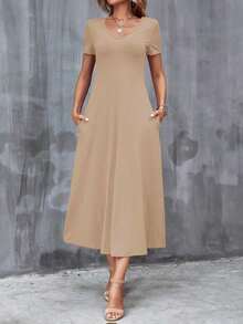 Vestido unicolor con bolsillo oculto escote V - Camel - Ver 1