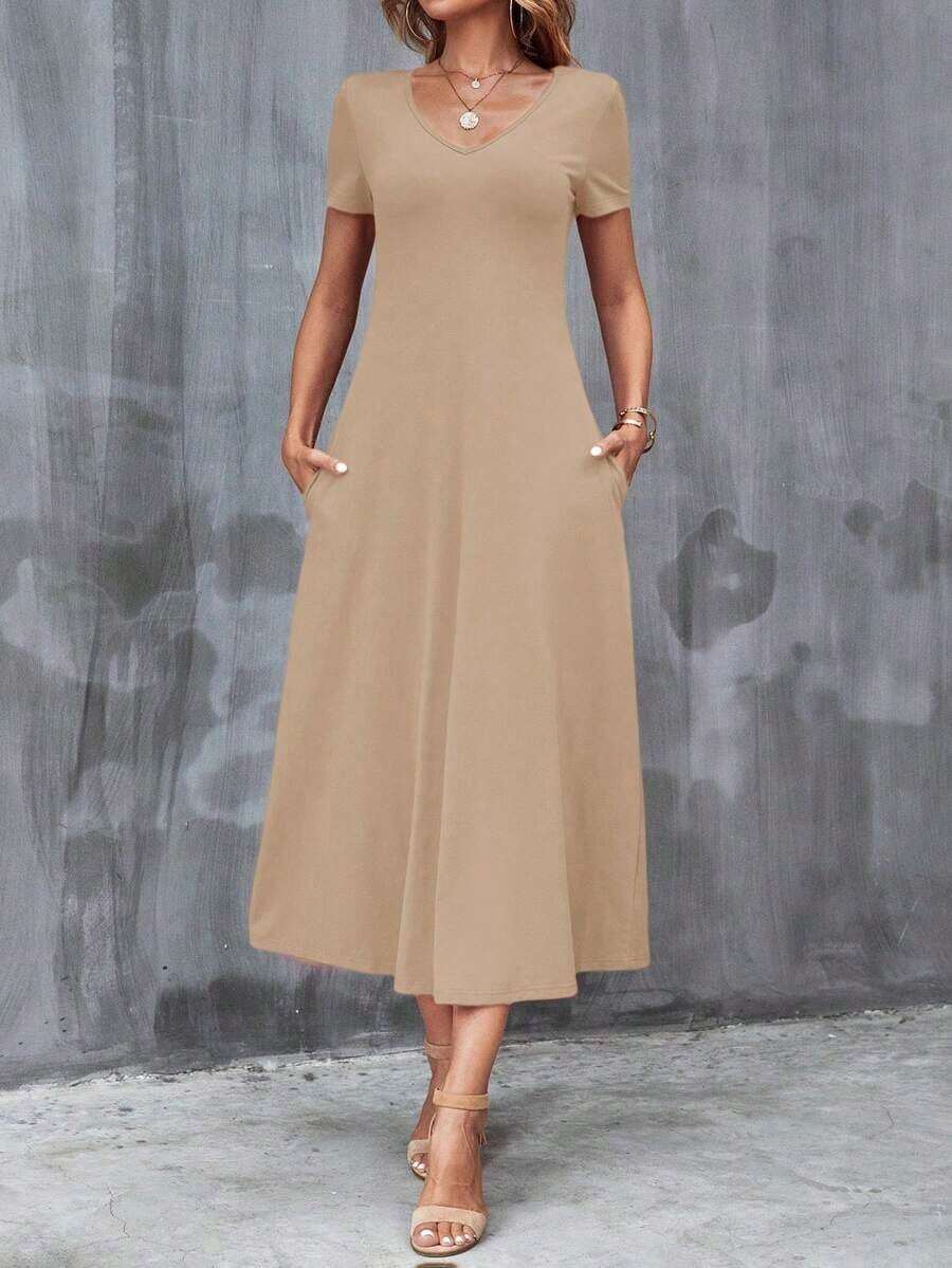 Vestido unicolor con bolsillo oculto escote V - Camel - Ver 1