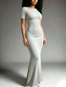 Vestido ajustado de unicolor y espalda descubierta, de verano - Gris Claro - Ver 4